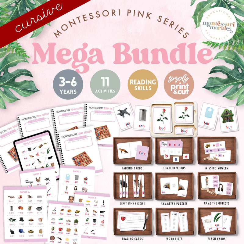 Cursive Montessori Pink Series mega bundle for handwriting and phonics