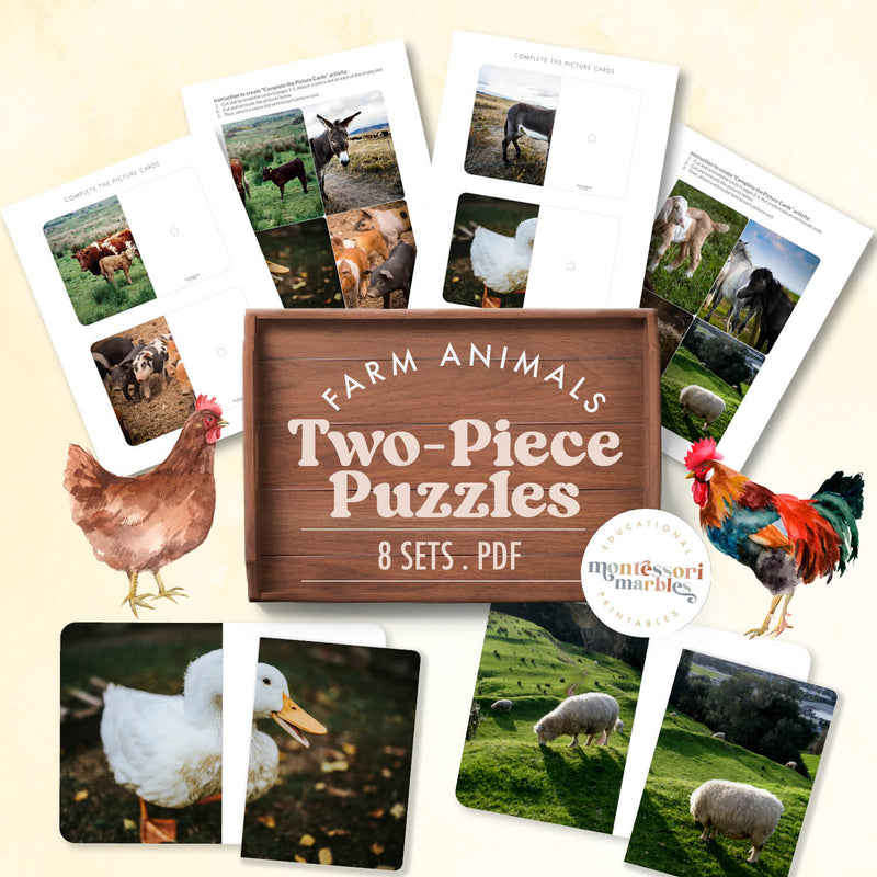 Farm animals two-piece completion puzzles with real photos — ages 3-6