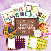 Mardi Gras pattern matching activity — cultural celebration learning with visual discrimination, ages 3-6