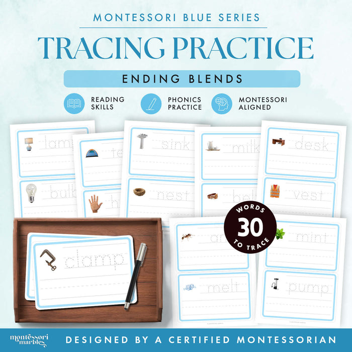 Montessori Blue Series Tracing Cards | Ending Blends
