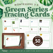 Montessori Green Series tracing cards for handwriting practice — ages 3-6