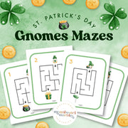 St. Patrick's Day gnome mazes — tracing paths through Irish-themed maze puzzles, ages 3-6