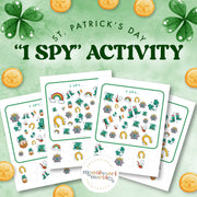 St. Patrick's Day I Spy activity — spot and count objects in Irish-themed scene, ages 3-6