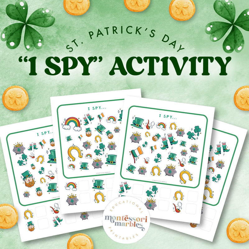 St. Patrick's Day I Spy activity — spot and count objects in Irish-themed scene, ages 3-6