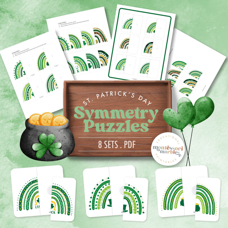 St. Patrick's Day rainbow symmetry puzzles — two-piece matching with rainbow designs, ages 3-6