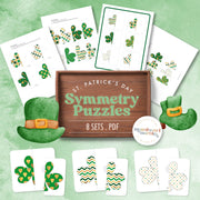 St. Patrick's Day shamrock symmetry puzzles — two-piece matching with shamrock patterns, ages 3-6