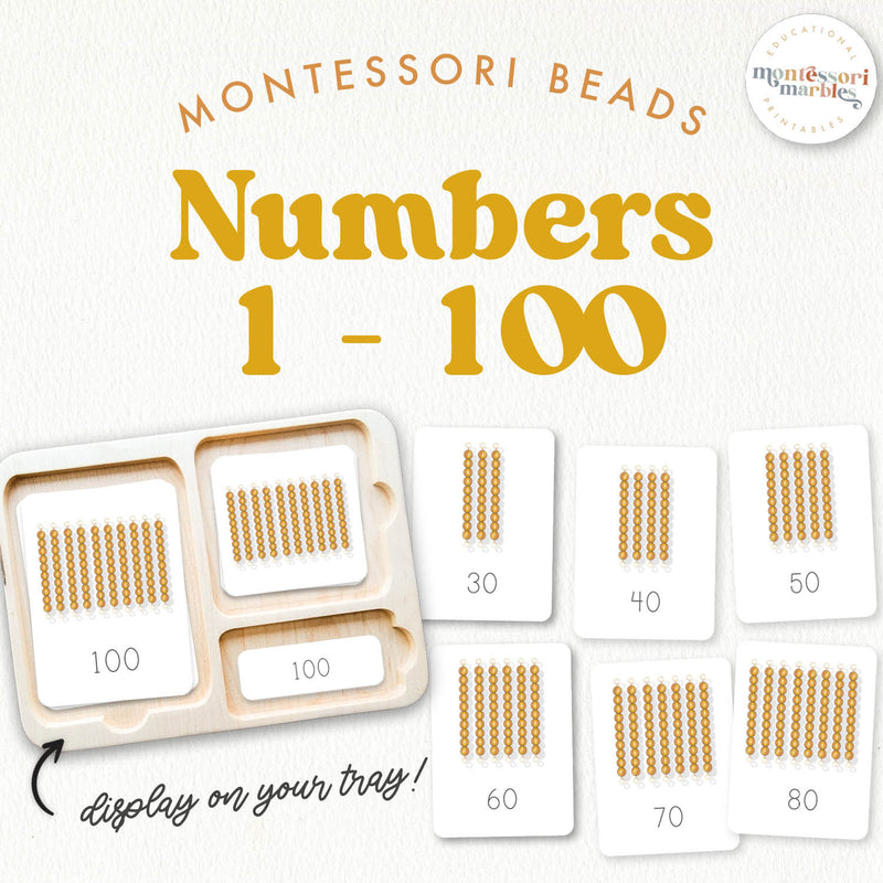 Montessori Golden Beads 1-100 nomenclature for math learning — ages 3-6