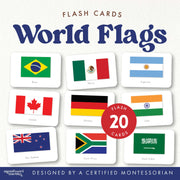 20 world flags flash cards for geography study — Montessori printable, ages 3-6