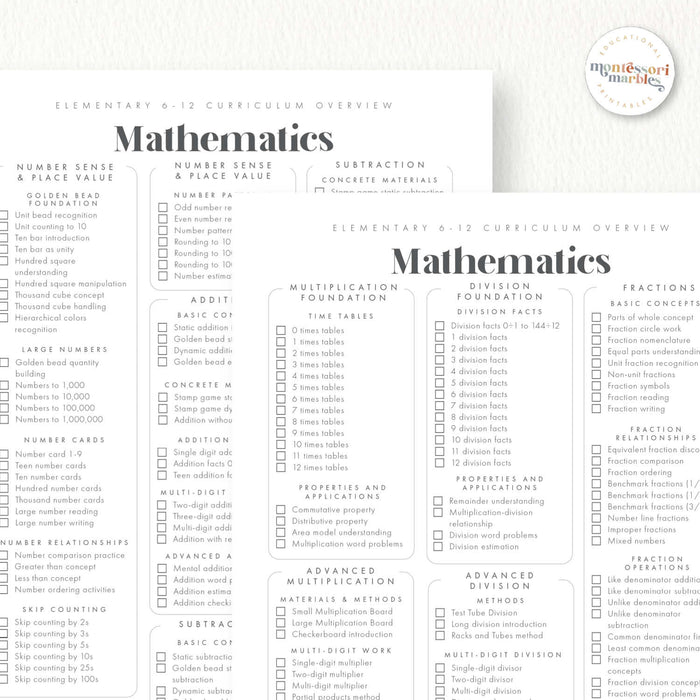 Montessori 6-12 Math Curriculum Checklist