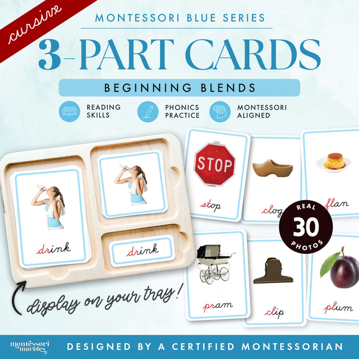 Montessori Blue Series 3 Part Cards Beginning Blends | Cursive