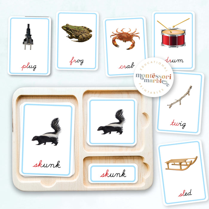 Montessori Blue Series 3 Part Cards Beginning Blends | Cursive