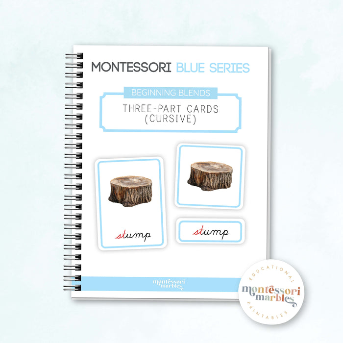 Montessori Blue Series 3 Part Cards Beginning Blends | Cursive