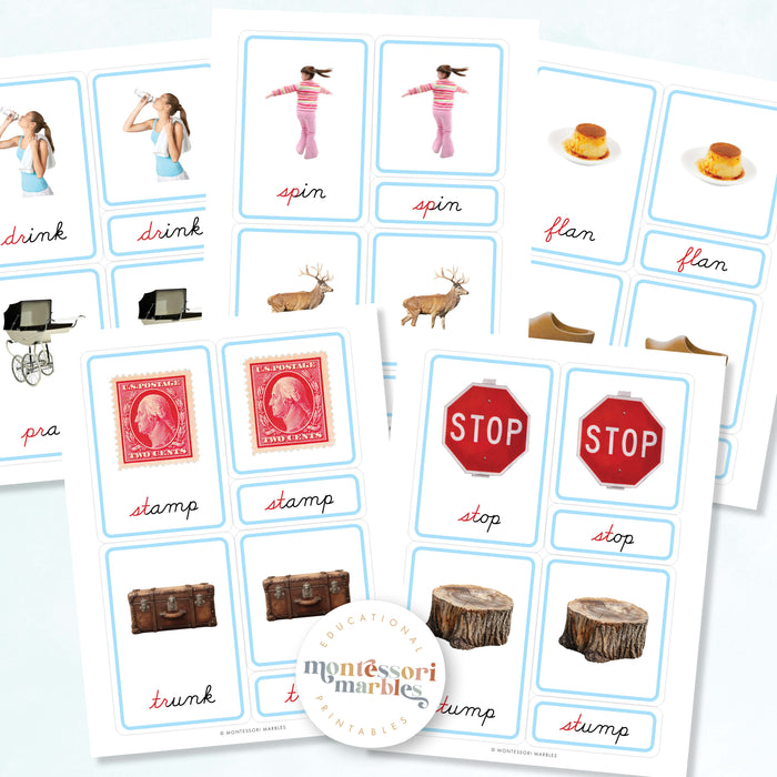 Montessori Blue Series 3 Part Cards Beginning Blends | Cursive