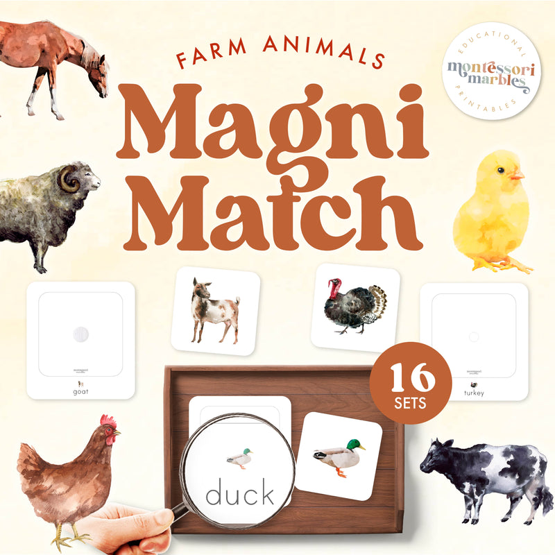 Farm animals magnifying glass matching game with details to find