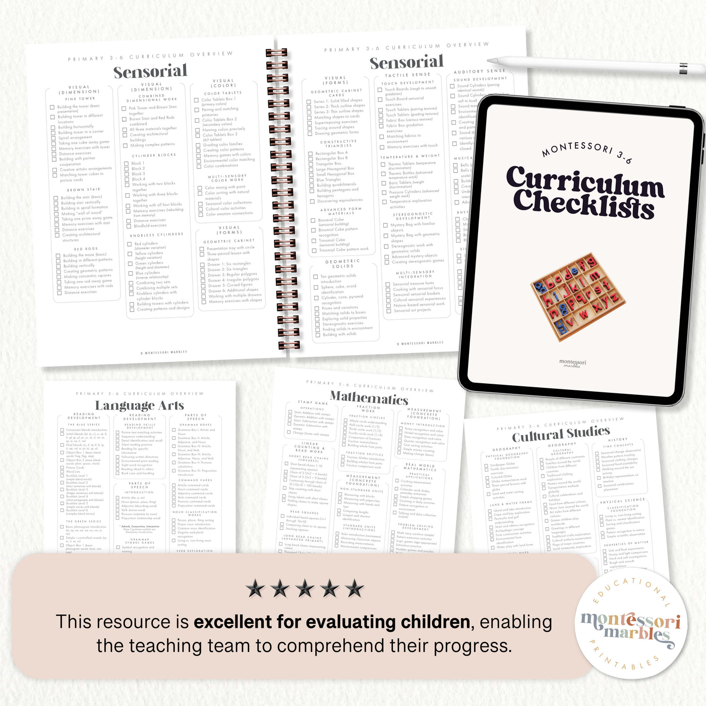 Spiral-bound checklists showing all five core areas: Language Arts, Mathematics, Sensorial, Practical Life, and Cultural & Science.