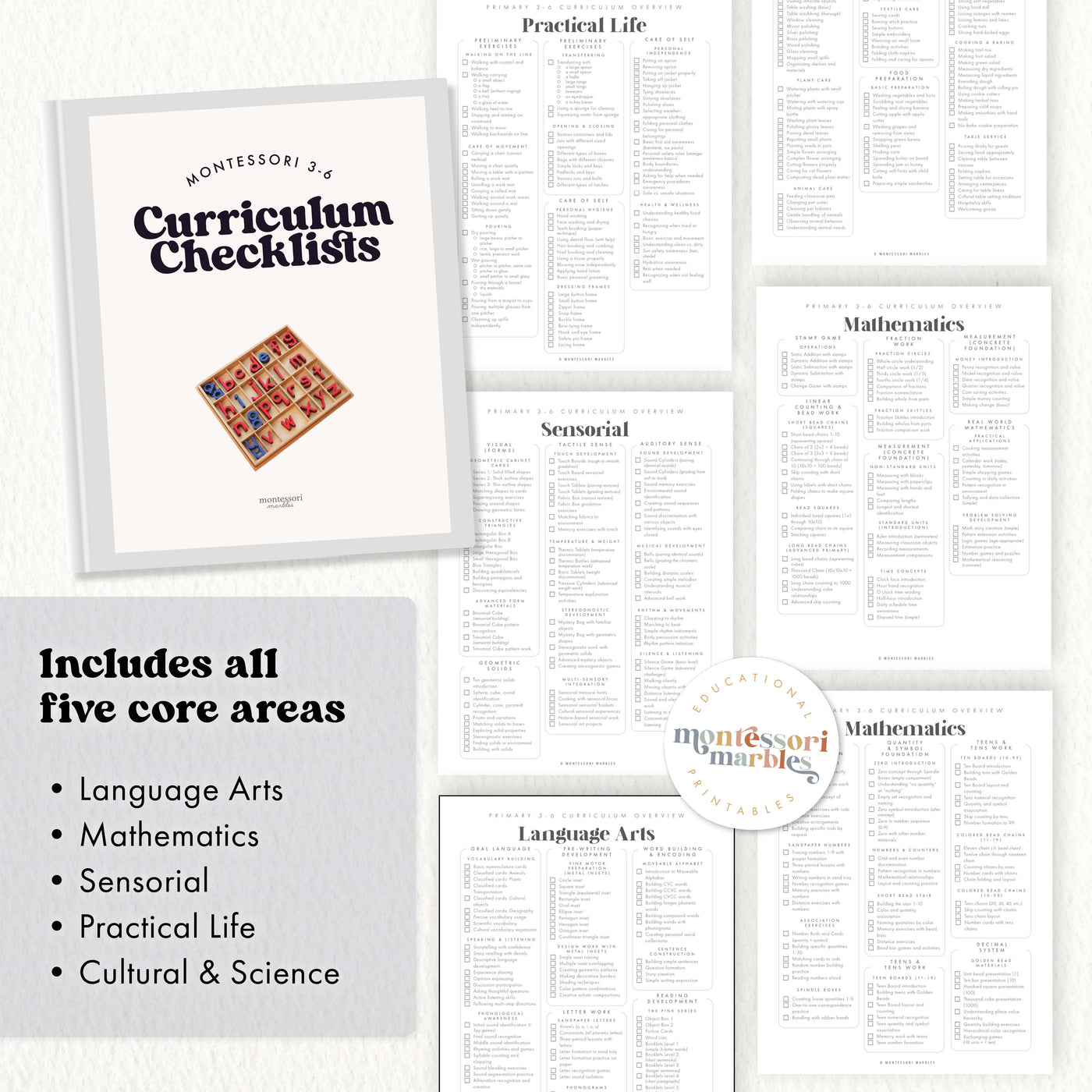 Curriculum checklist pages printing at home from a desktop printer.