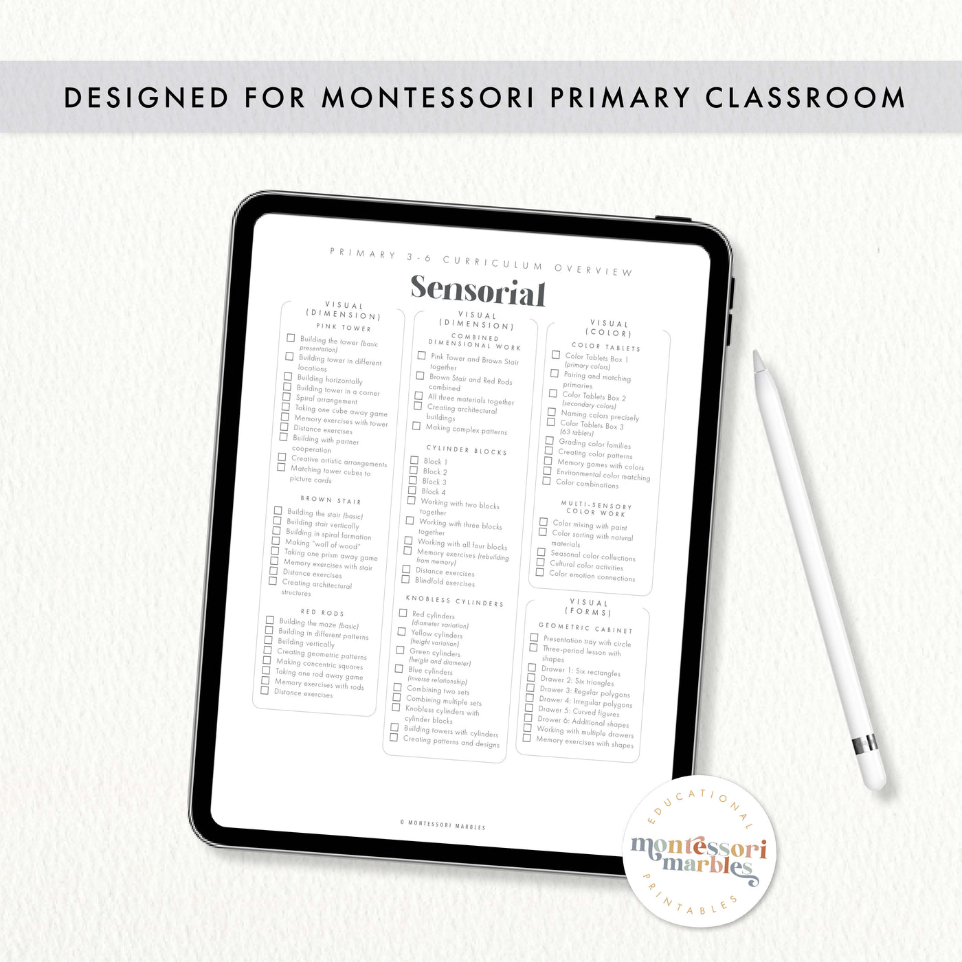 Practical Life checklist on a tablet beside printed checklist pages.