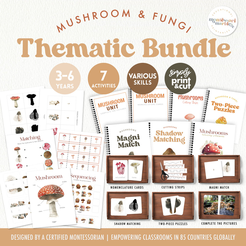 Mushroom-themed activity bundle with fall nature exploration exercises