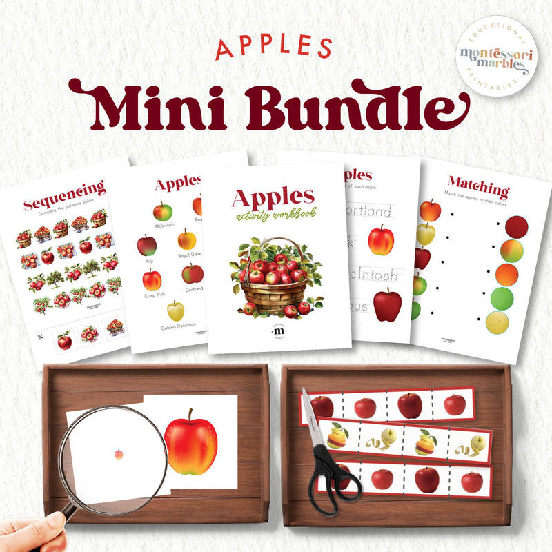 Apple-themed learning activities including puzzles and workbook pages — ages 3-6
