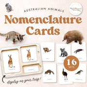 Australian animals 3-part nomenclature cards for geography and wildlife — ages 3-6