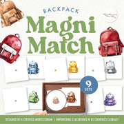 Backpack-themed magnifying glass visual matching activity — ages 3-6
