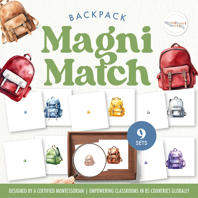 Backpack-themed magnifying glass visual matching activity — ages 3-6