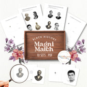 Black History Month magnifying glass matching — identify figures in African American history, ages 3-6