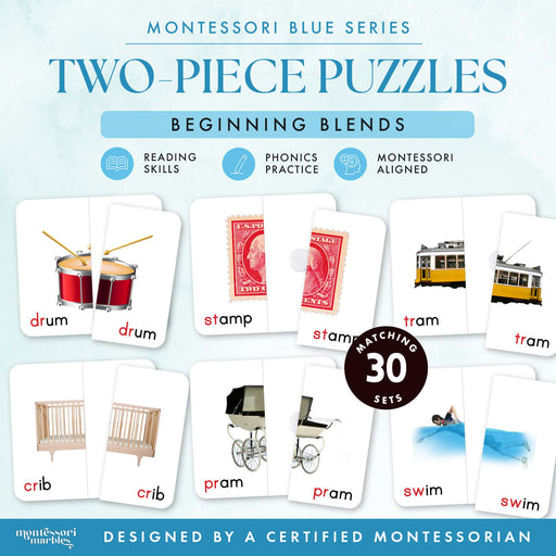 Montessori Blue Series two-piece puzzles for beginning blends showing photo and word matching cards