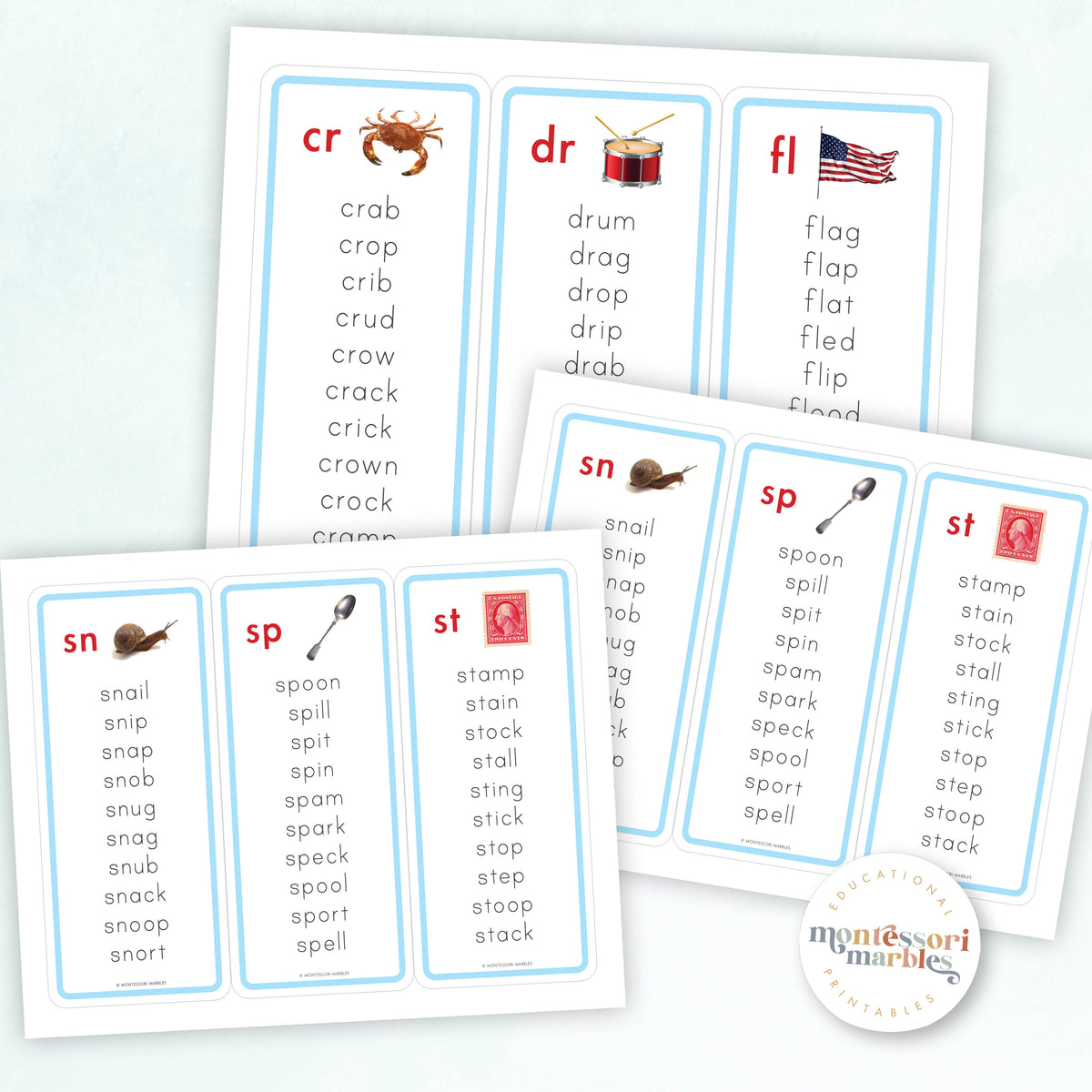 Montessori Blue Series Word Lists for Beginning Blends