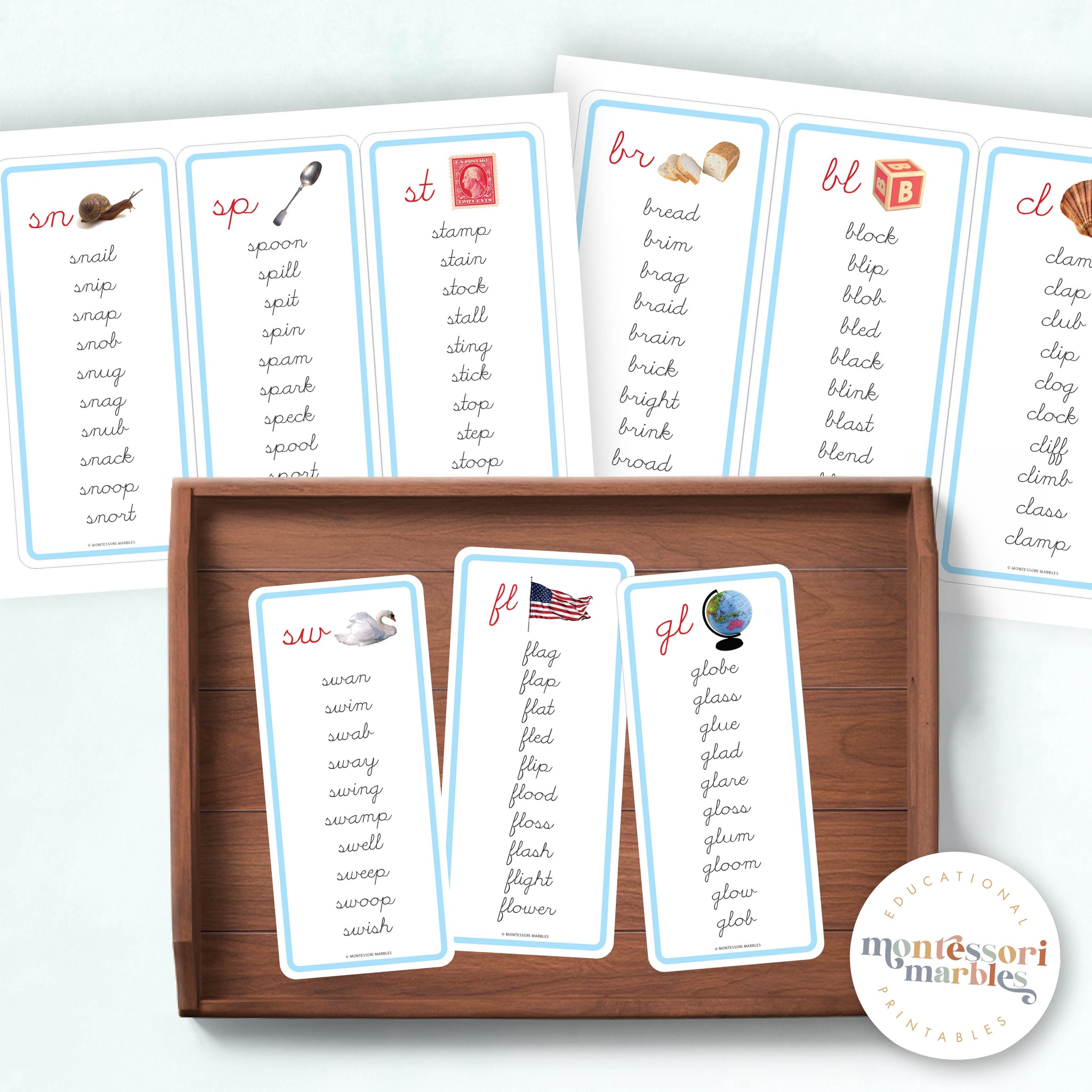Montessori Blue Series Word Lists for Beginning Blends (Cursive ...