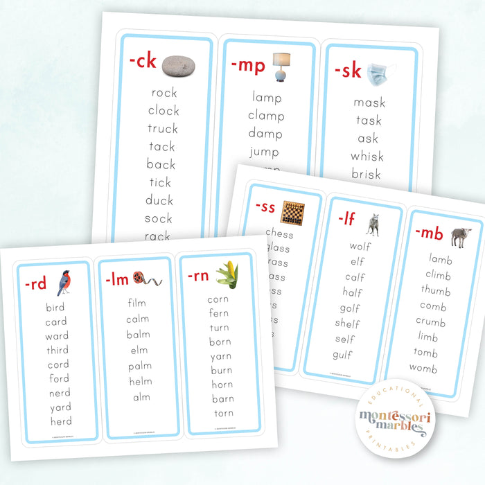 Montessori Blue Series Word Lists for Ending Blends