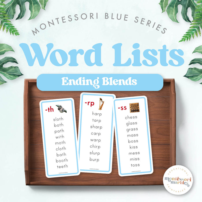 Montessori Blue Series Word Lists for Ending Blends