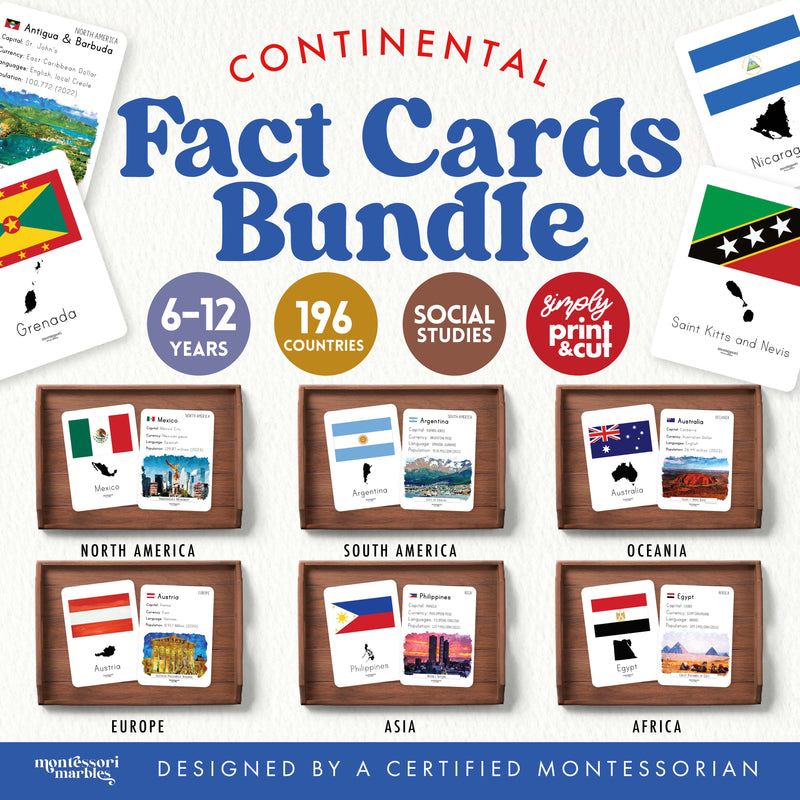 Continental fact cards bundle organized by world continents