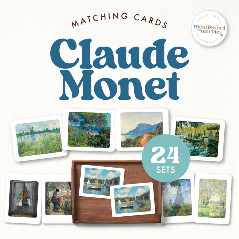 Claude Monet artwork matching cards exploring Impressionist art — ages 3-6