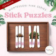 Montessori Pink Series CVC craft stick puzzles in cursive lettering