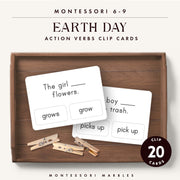 Earth Day action verbs clip cards for environmental grammar practice — ages 6-9