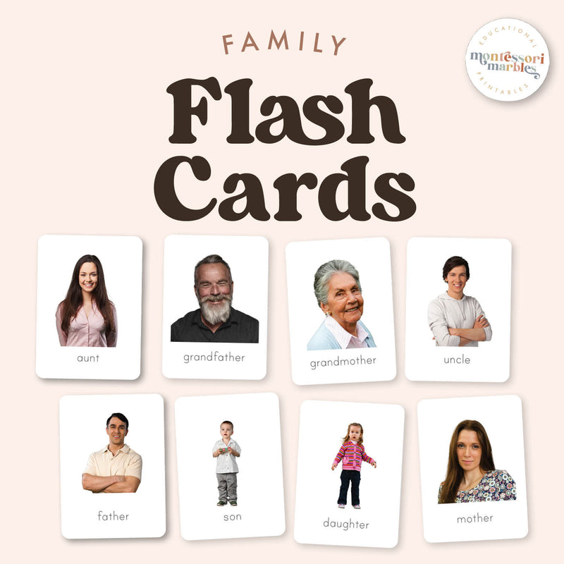 Family vocabulary flash cards for ESL and Montessori learning — ages 3-6