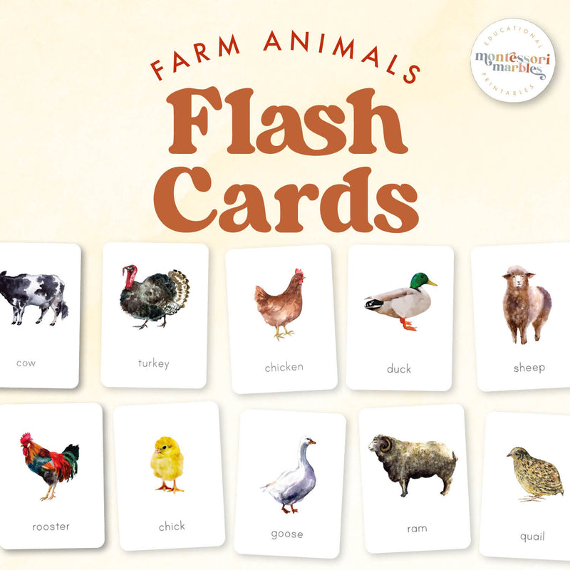 Farm animal flash cards with vocabulary labels — Montessori learning, ages 3-6