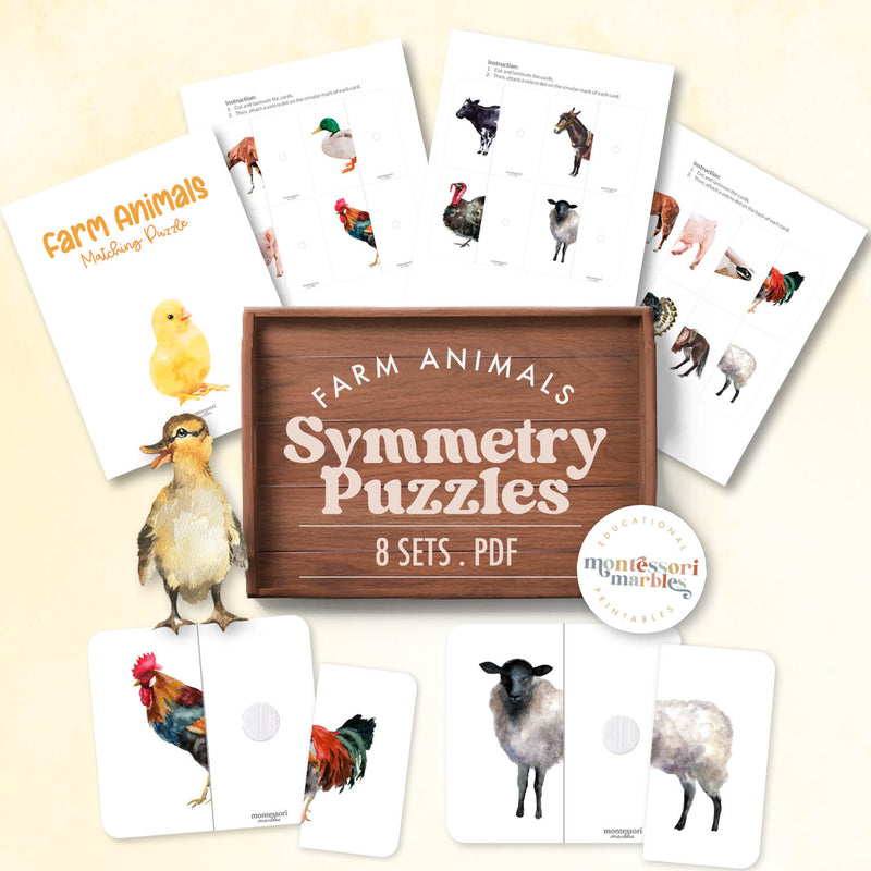 Farm animal symmetry puzzles for visual matching — ages 3-6