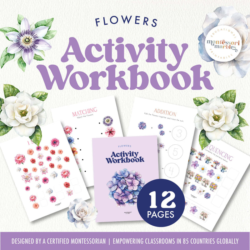 Spring flower activity workbook with botanical learning — ages 3-6