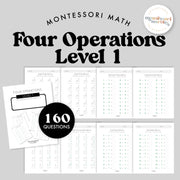 Math operations workbook with addition, subtraction, and multiplication practice