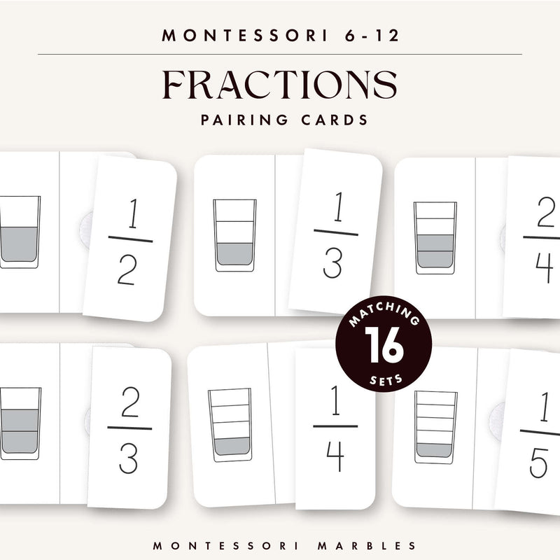Fraction equivalency pairing cards for elementary math — level 1, ages 6-9
