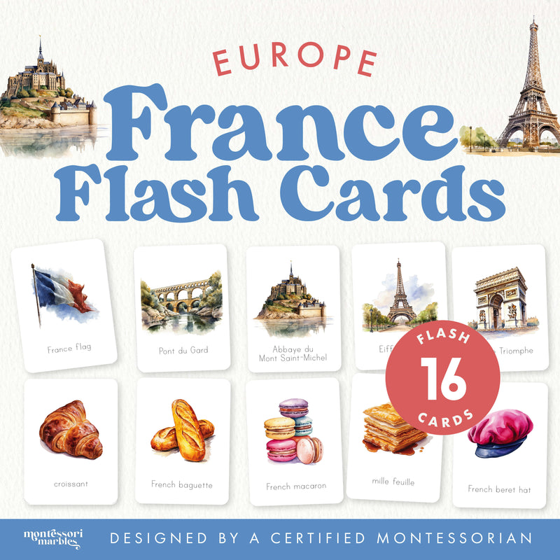 Geography flash cards featuring France landmarks and culture