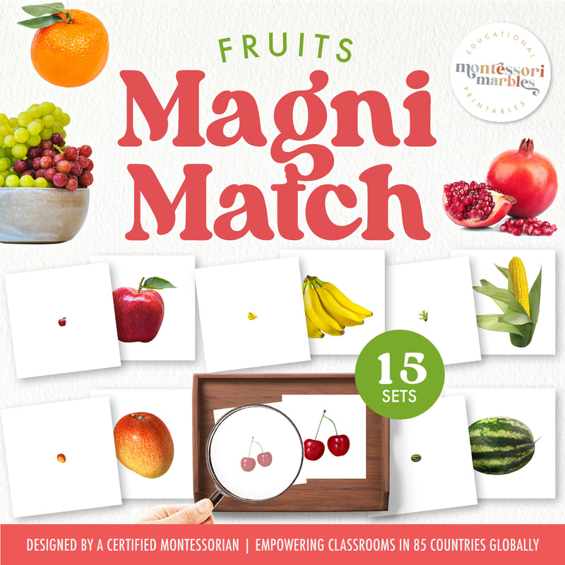 Fruits magnifying glass matching activity with real photos — ages 3-6