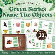 Montessori Green Series name-the-objects clip cards with phonograms — ages 3-6