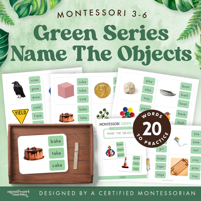 Montessori Green Series name-the-objects clip cards with phonograms — ages 3-6