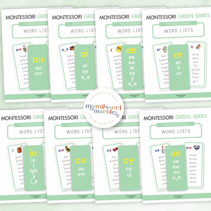Montessori Green Series Word Lists for Phonogram
