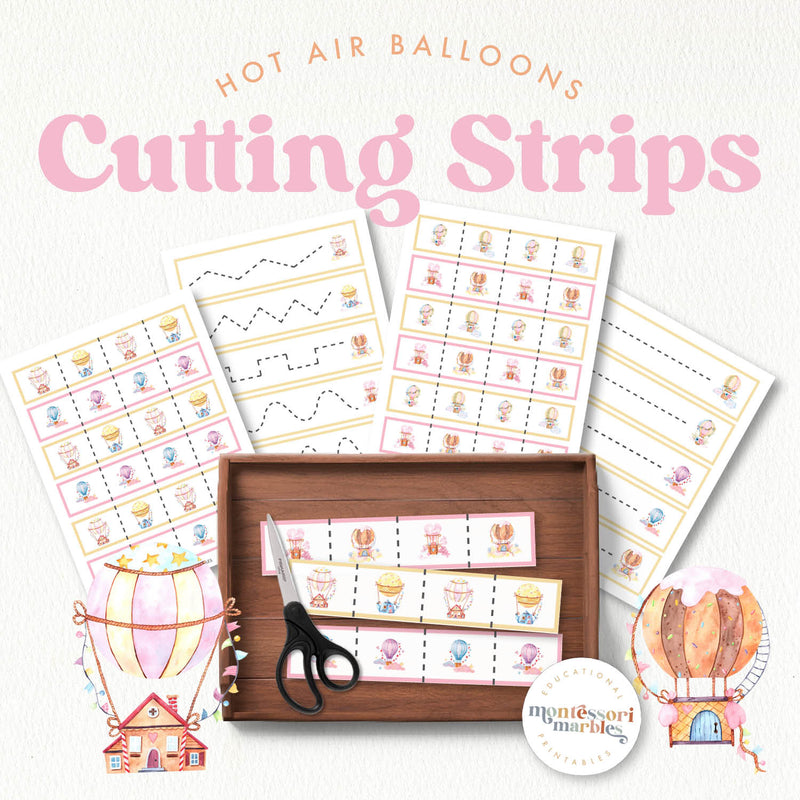 Hot air balloon cutting strips for summer fine motor development
