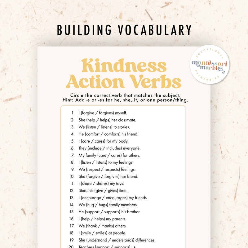 Kindness Verbs Worksheet
