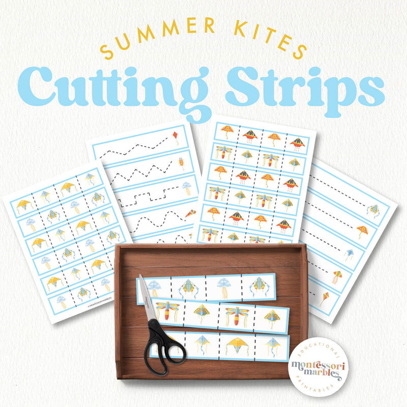 Kite-themed cutting strips for fine motor skills—summer outdoor activity practice